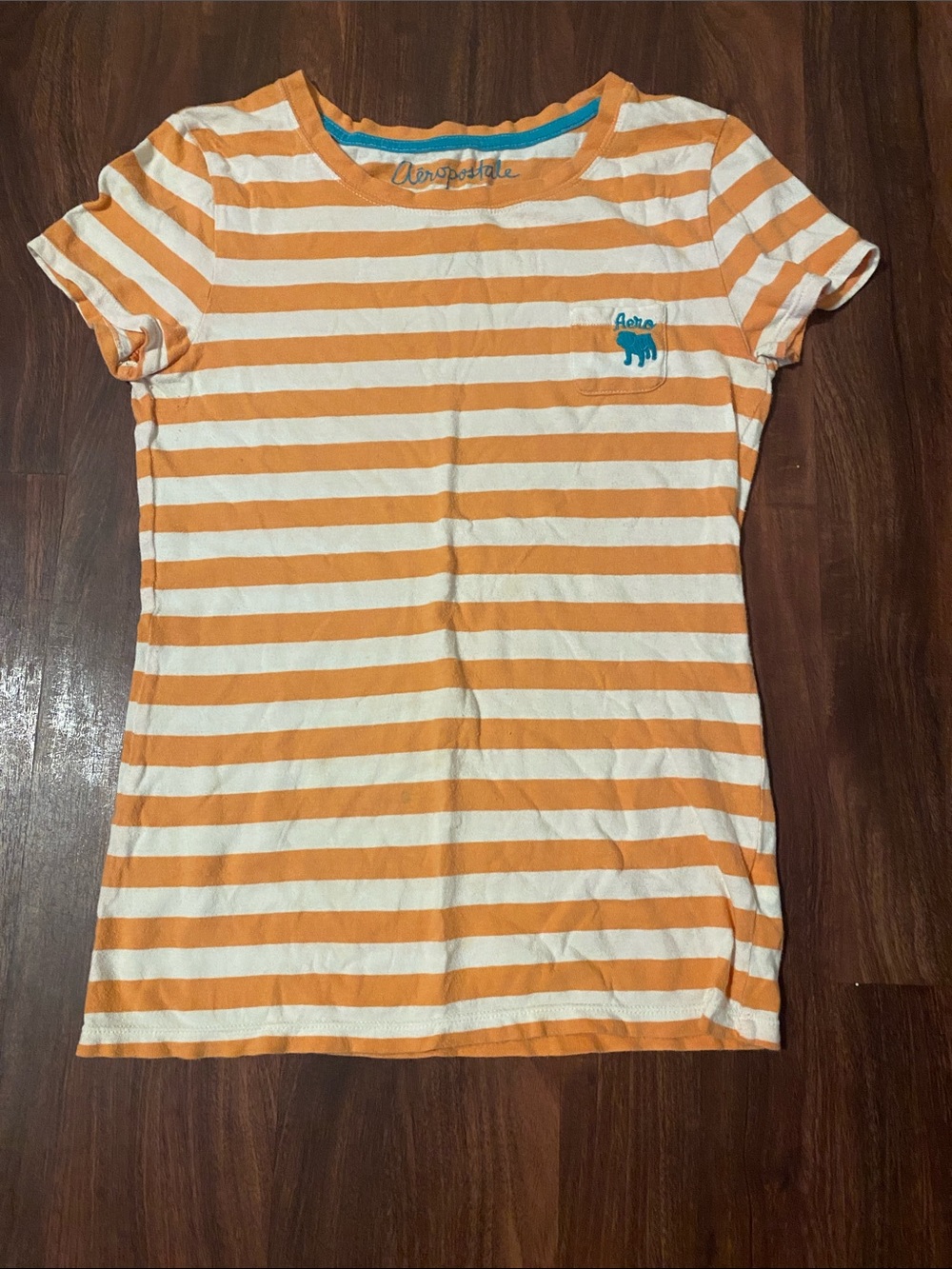 Aeropostale Orange & White Striped Short Sleeve Tee with Blue Logo
